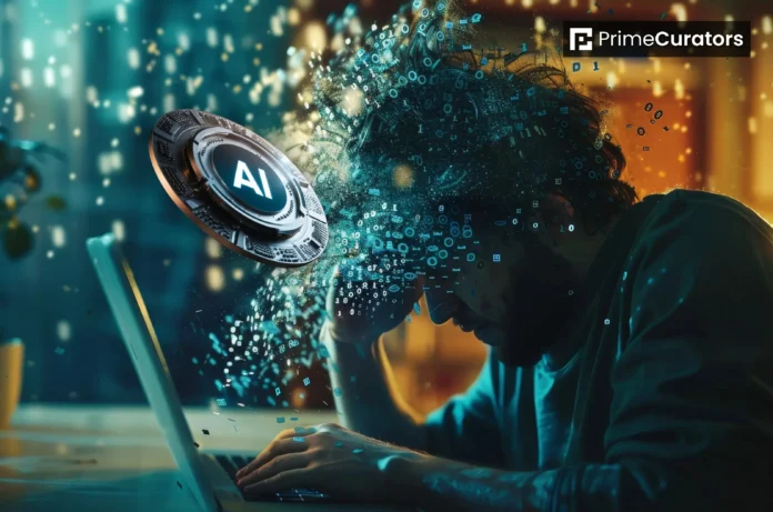 A man gazes at his laptop displaying a logo, reflecting on AI fatigue and its impact on productivity.